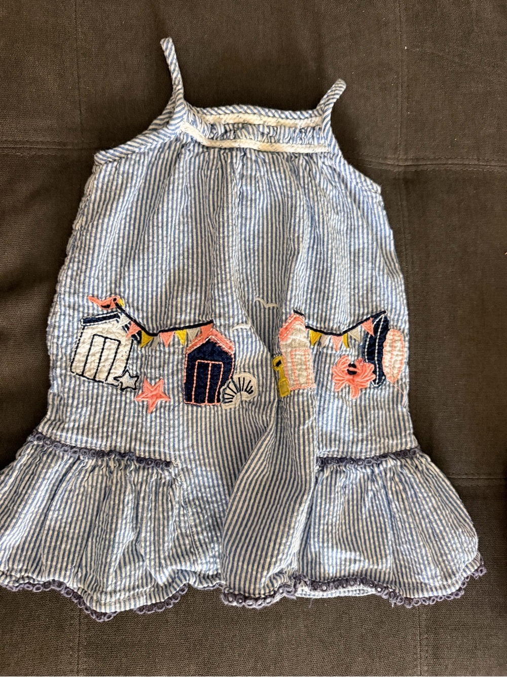 Striped Light Blue Girls' Sundress with Beach Embroidery